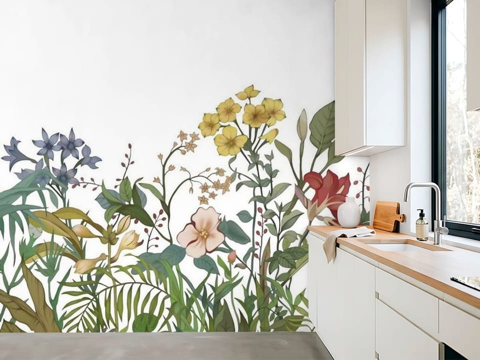 Fototapeta z kolorowymi kwiatami i zielonymi liśćmi na białym tle - aranżacja nasłonecznionej kuchni
