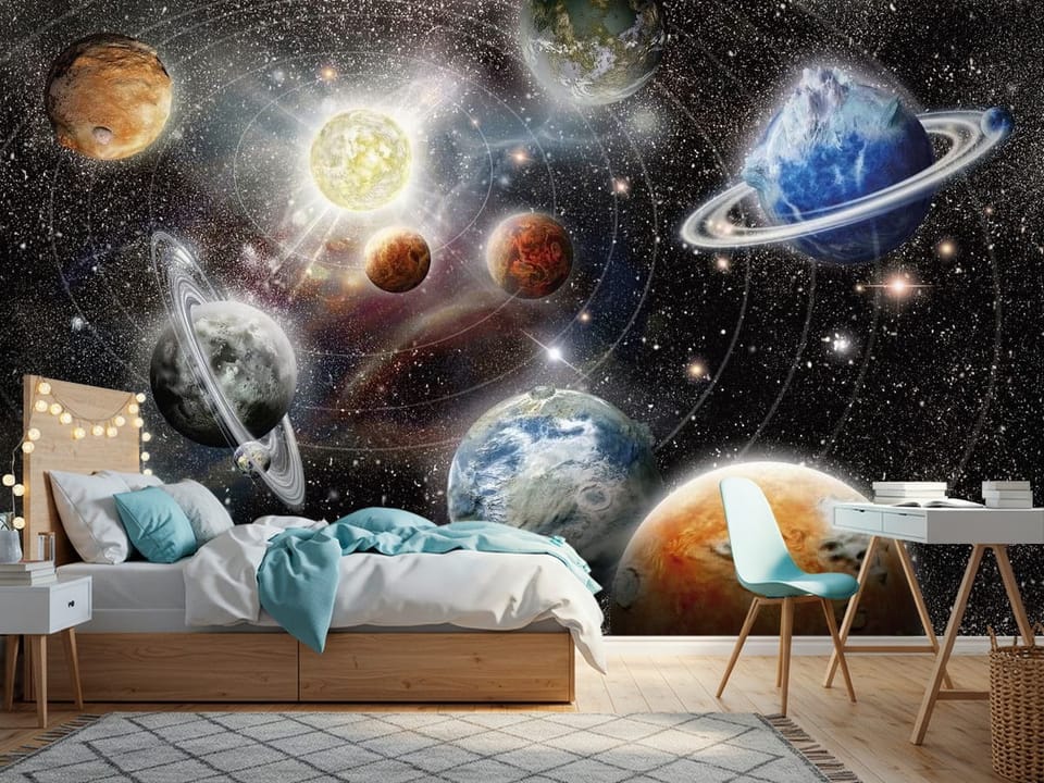 Fototapeta z planetami i gwiazdami w kosmosie, słońce w centrum - jasny pokój nastolatka