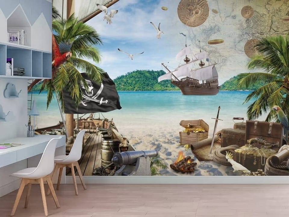 Fototapeta z pirackim statkiem na tropikalnej plaży z palmami - nowoczesne wnętrze w pokoju dziecięcym