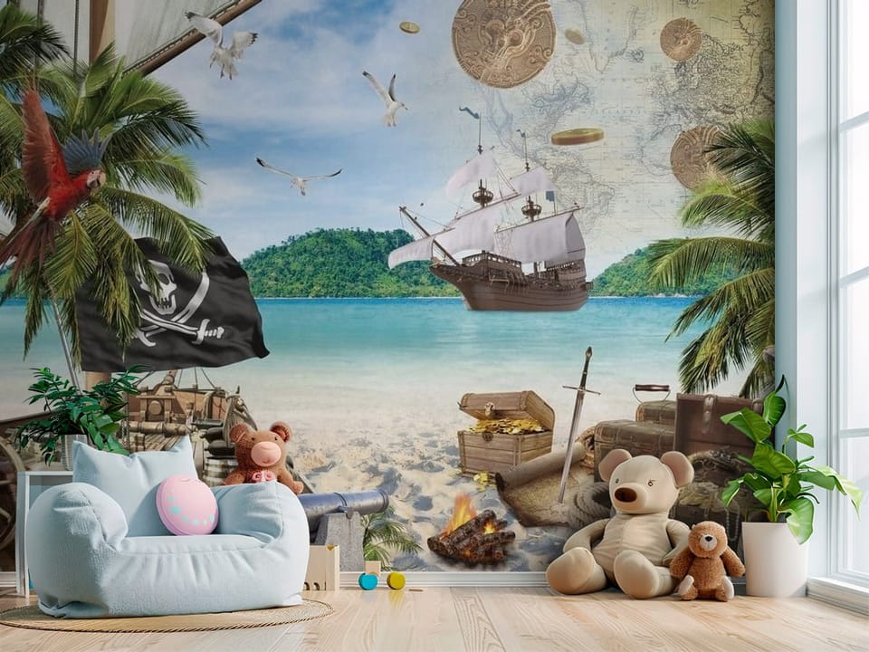 Fototapeta z pirackim statkiem na tropikalnej plaży z palmami - przytulny kącik do zabawy w pokoju dziecka
