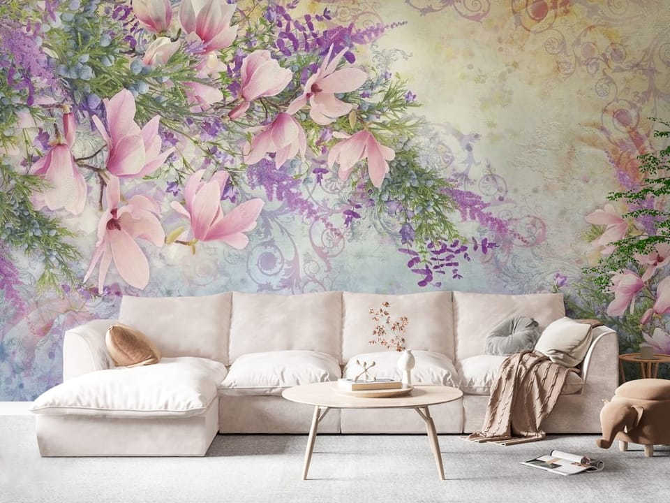 Fototapeta z kwiatami magnolii i lawendy na pastelowym tle - widok na ścianę w eleganckim salonie