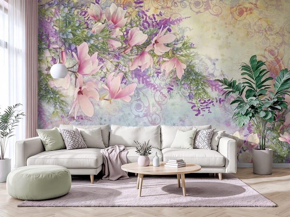 Fototapeta z kwiatami magnolii i lawendy na pastelowym tle - salon w jasnych barwach z modnym akcentem