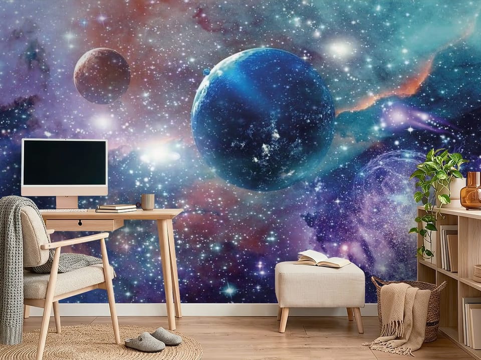 Fototapeta z planetami w kosmicznej przestrzeni, mgławica i gwiazdy - ściana w minimalistycznym pokoju nastolatka