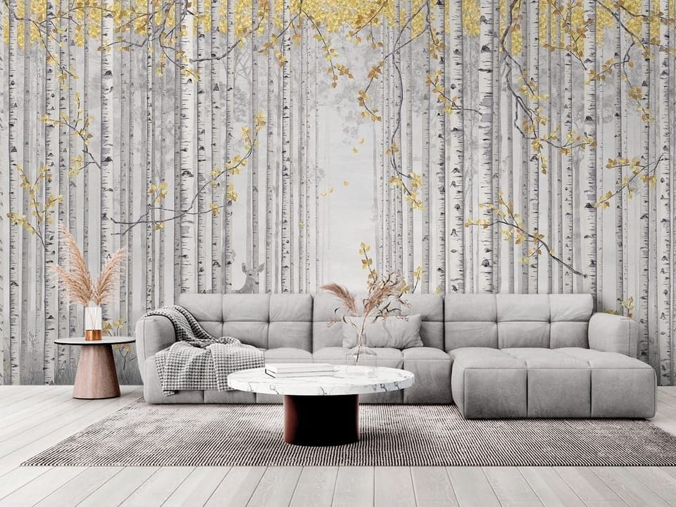 Fototapeta przedstawiająca las brzozowy z żółtymi liśćmi i mglistym tłem - elegancki salon w stylu minimalistycznym