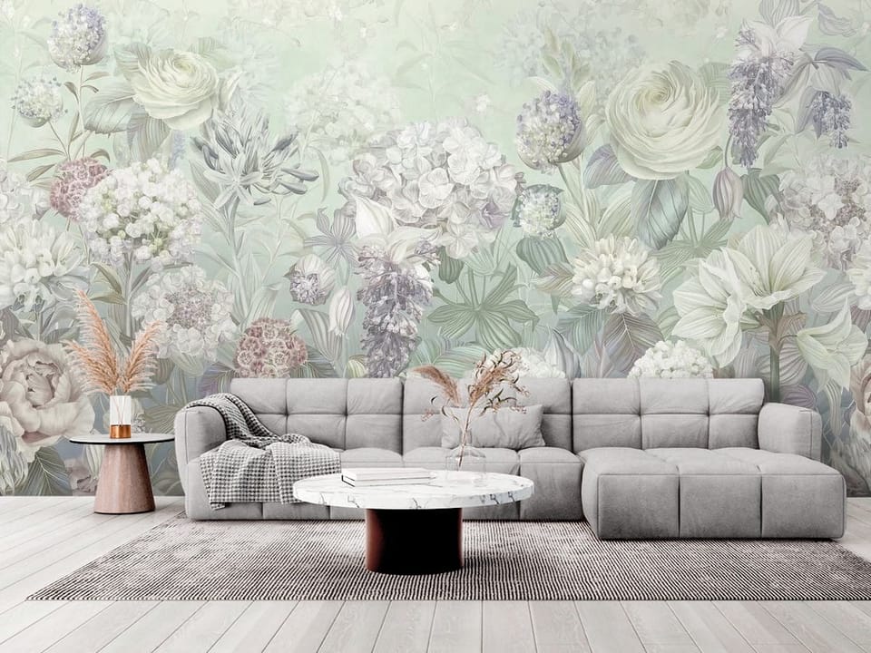 Fototapeta z pastelowymi kwiatami polnymi i liśćmi w tle - elegancki salon w stylu minimalistycznym