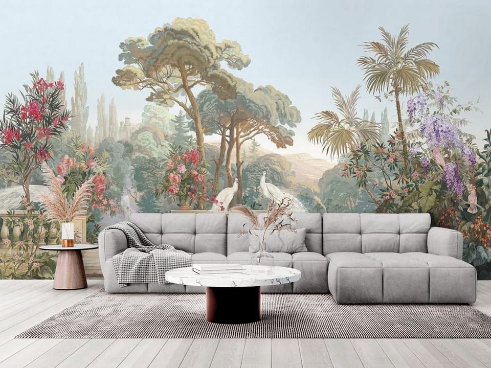 Fototapeta z egzotycznymi drzewami, pawiami i fontanną na tle gór - elegancki salon w stylu minimalistycznym