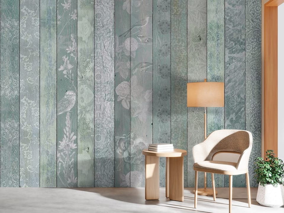 Fototapeta z pionowymi deskami i delikatnymi kwiatowymi ornamentami - minimalistyczny przedpokój w jasnych kolorach