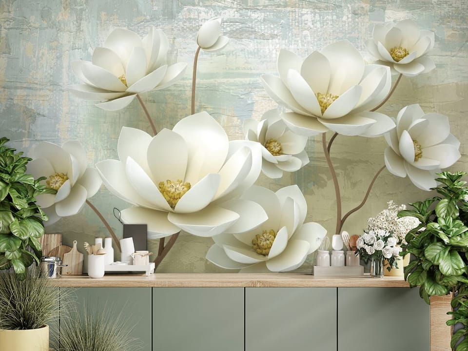 Fototapeta z białymi kwiatami magnolii na brązowych gałęziach - aranżacja za blatem kuchennym