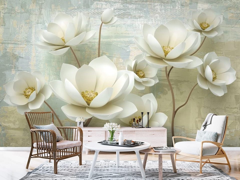 Fototapeta z białymi kwiatami magnolii na brązowych gałęziach - aranżacja przedpokoju w stylu skandynawskim