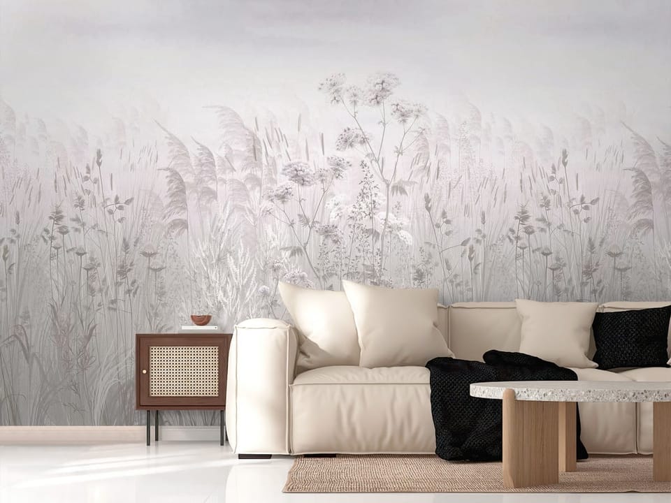 Fototapeta z wysokimi trawami i delikatnymi kwiatami na tle nieba - salon w nowoczesnych kolorach