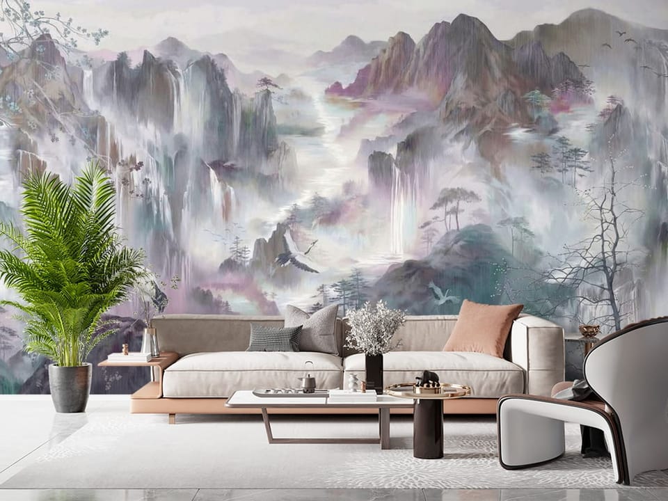 Fototapeta z żurawiami na skale, wodospady i góry w tle - przytulny i nasłoneczniony salon