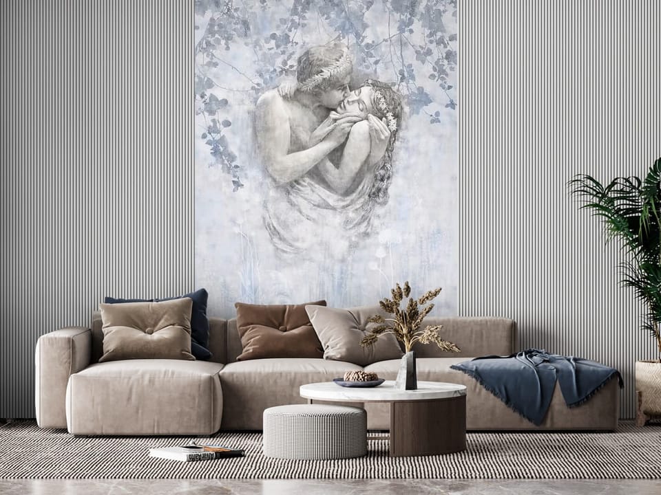 Fototapeta z parą w wieńcach, otoczoną liśćmi na pastelowym tle - inspiracja do pięknego salonu