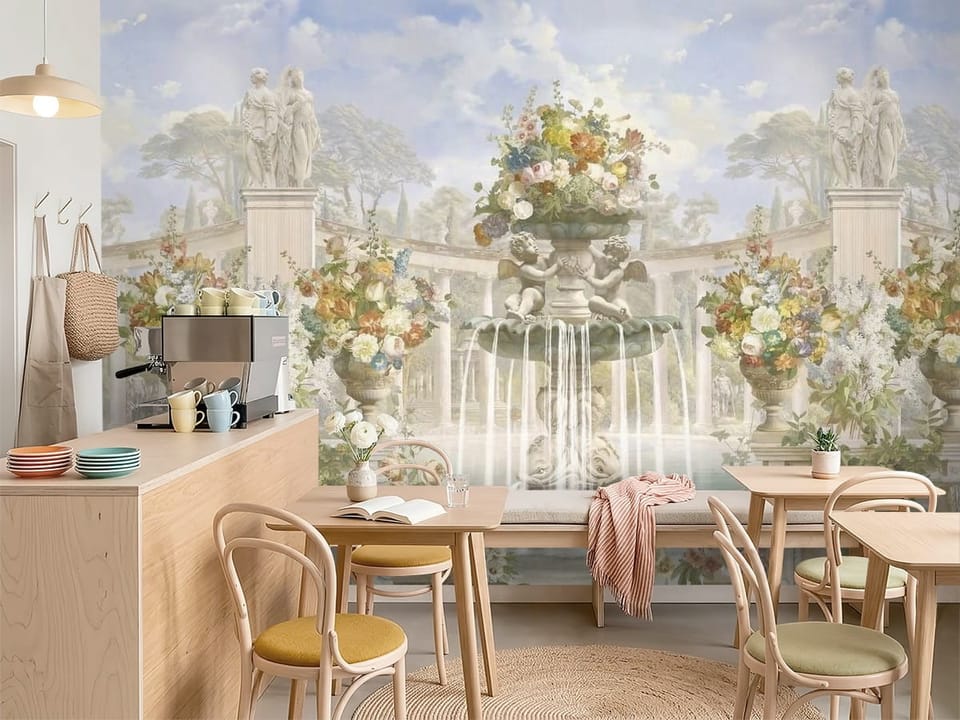 Fototapeta z miejskim muralem przedstawiającym fontannę, kwiaty i rzeźby postaci na tle architektury. - aranżacja przytulnej kawiarni