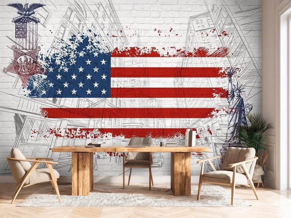 Fototapeta z flagą USA, szkicem miasta i statuą wolności na tle ceglanej ściany - ściana w biurze za dużym biurkiem