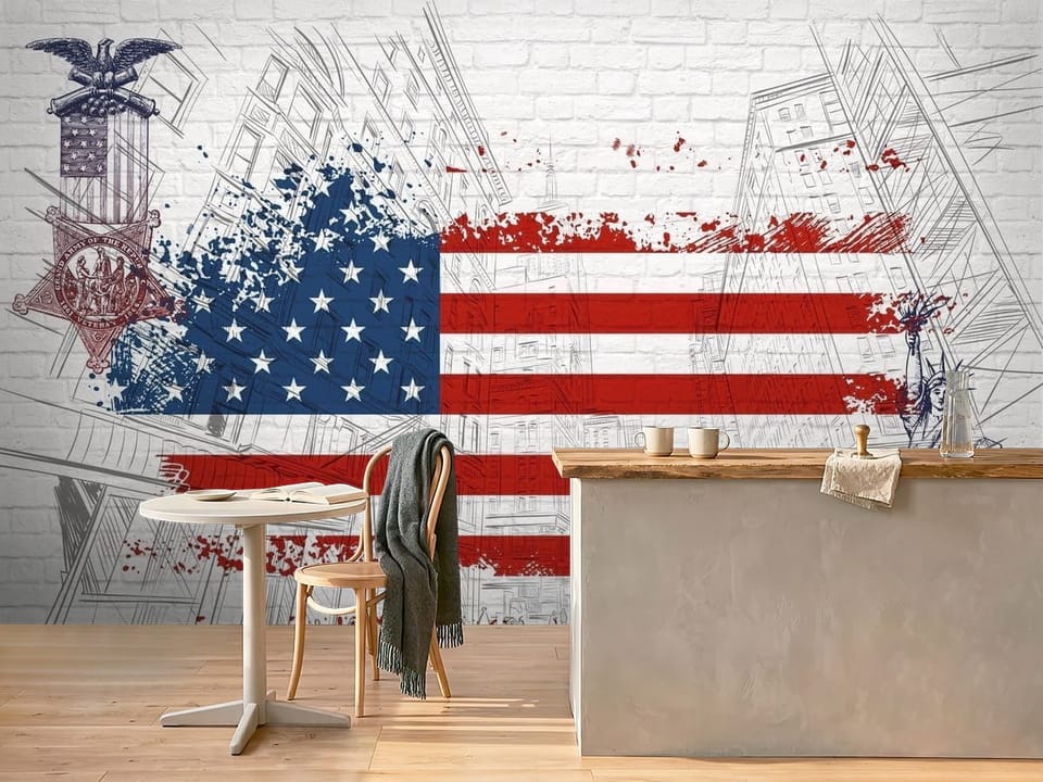 Fototapeta z flagą USA, szkicem miasta i statuą wolności na tle ceglanej ściany - widok na ścianę w kawiarni