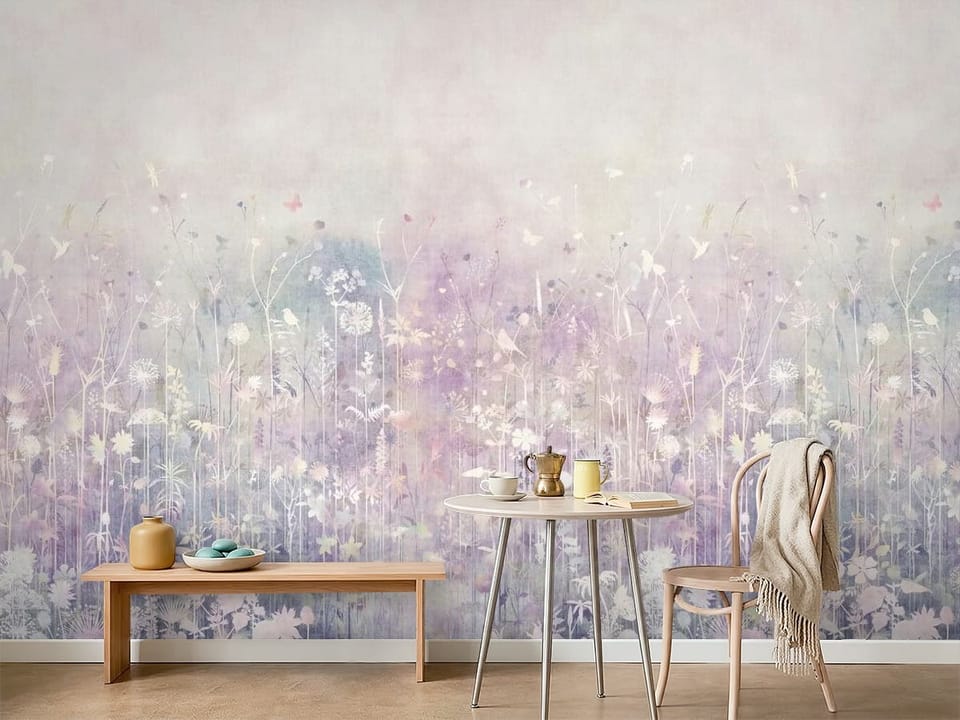 Fototapeta z delikatnymi kwiatami i roślinami na pastelowym tle - ściana w minimalistycznej kawiarni