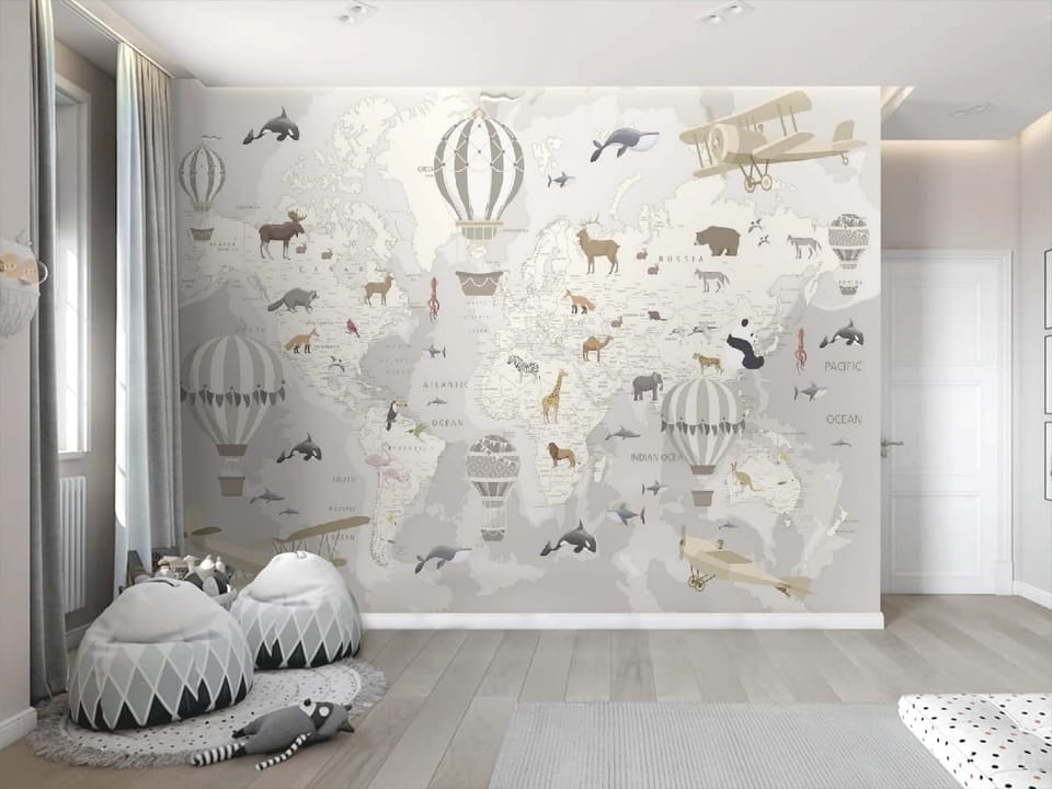 Fototapeta Mapa świata z balonami dla dzieci - aranżacja w salonie