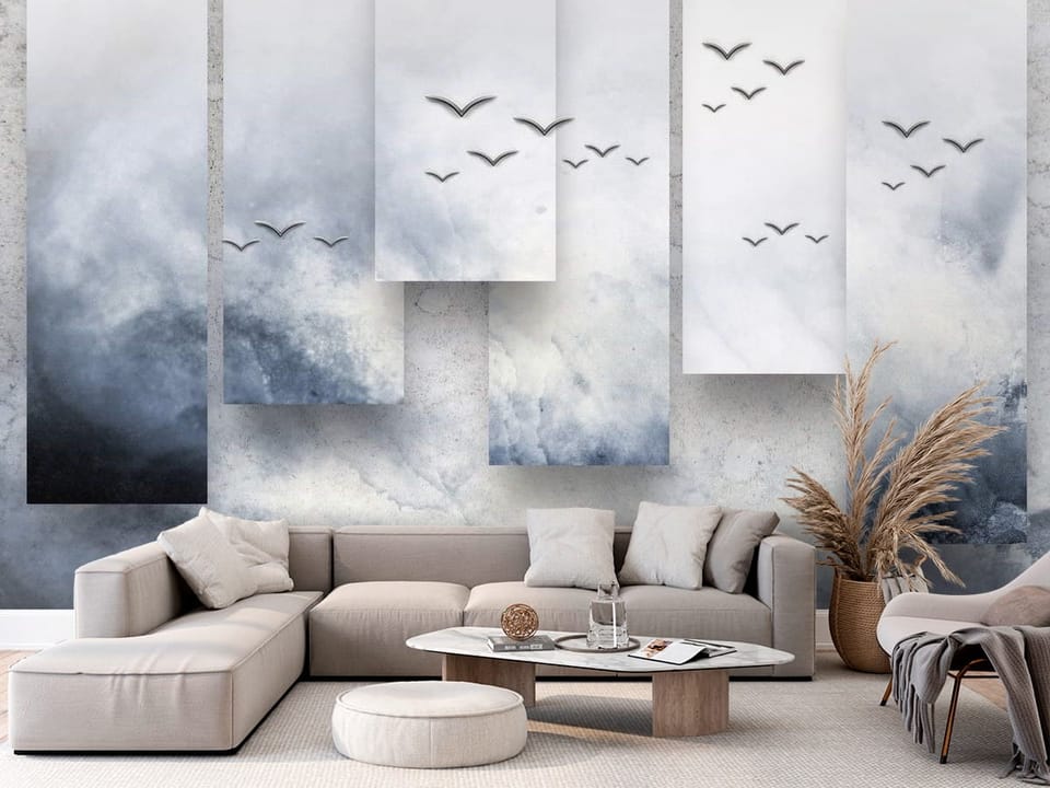 Fototapeta z pionowymi panelami i ptakami na tle chmur - aranżacja w przytulnym salonie