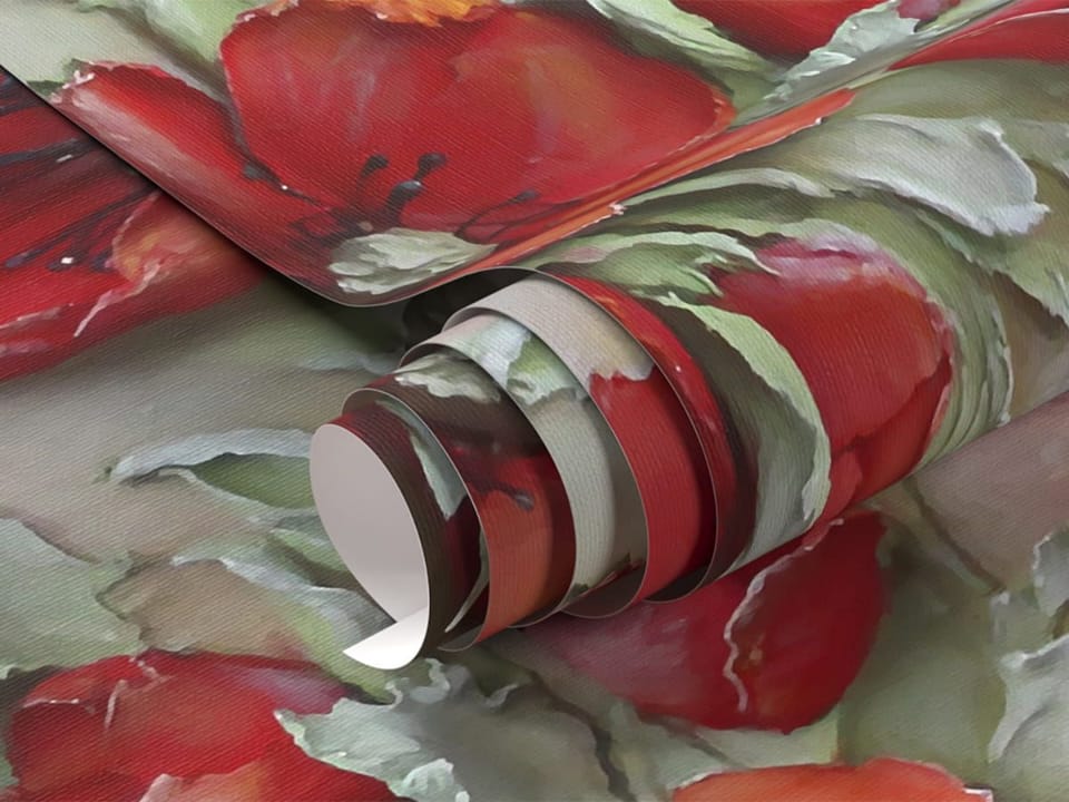 Fototapeta Czerwone maki z zielonymi liśćmi - realne zdjęcie w rolce
