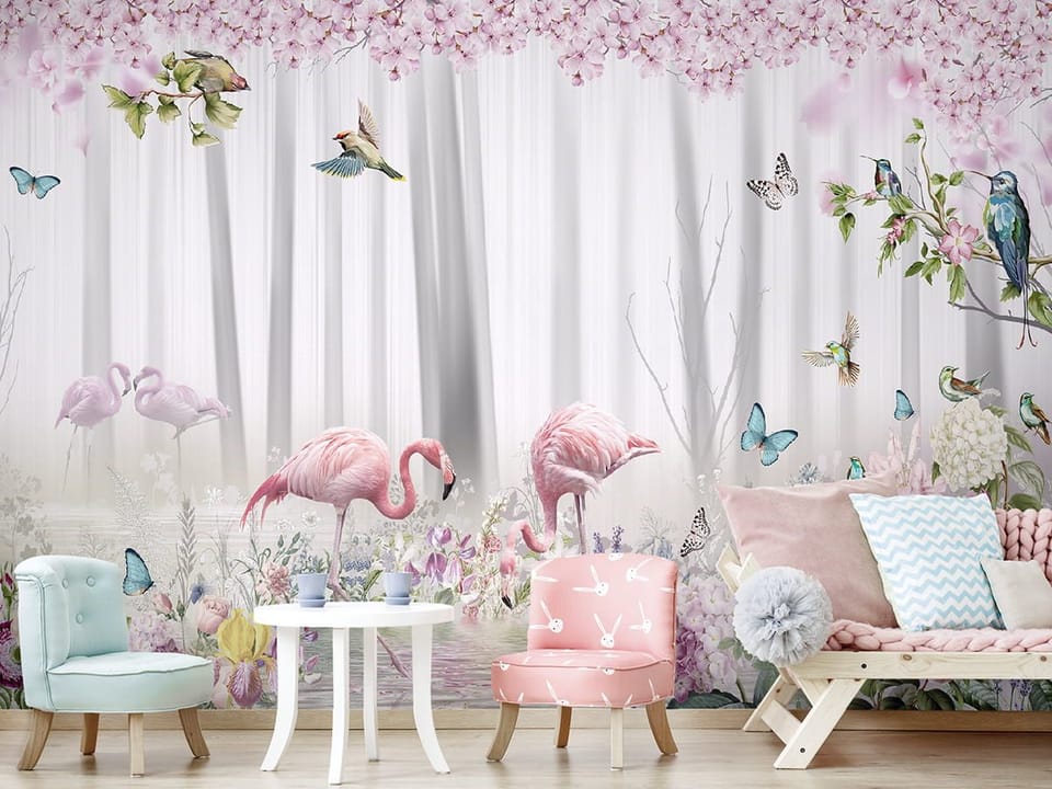 Fototapeta Flamingi w kwiecistym otoczeniu - aranżacja w pokoju dziecka