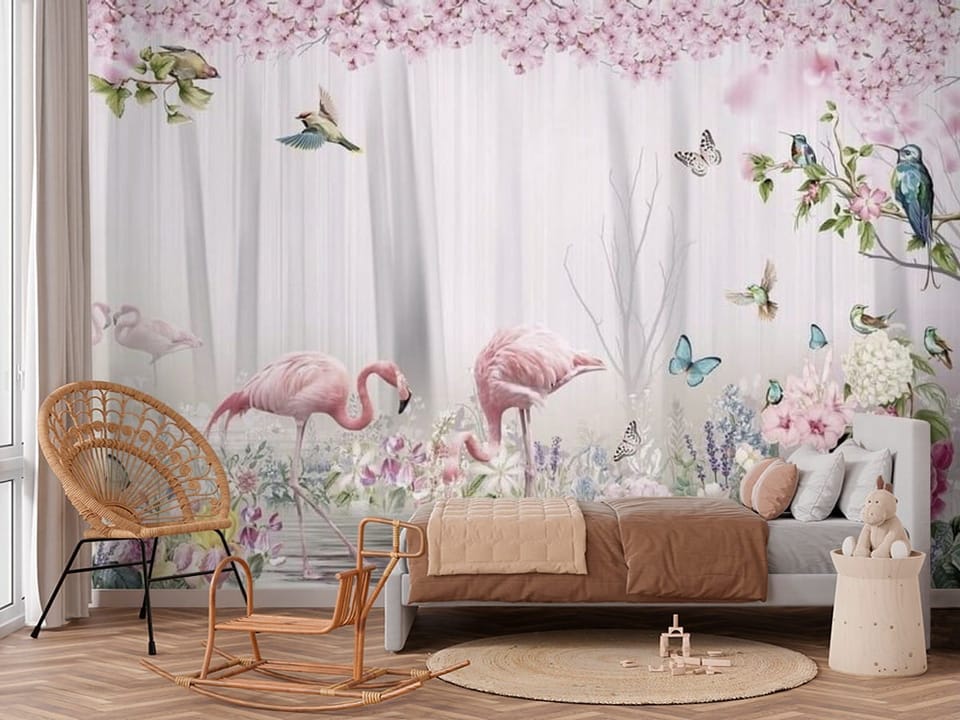 Fototapeta z flamingami w wodzie, otoczonymi kwiatami i drzewami. - aranżacja w przytulnym pokoju dziecięcym