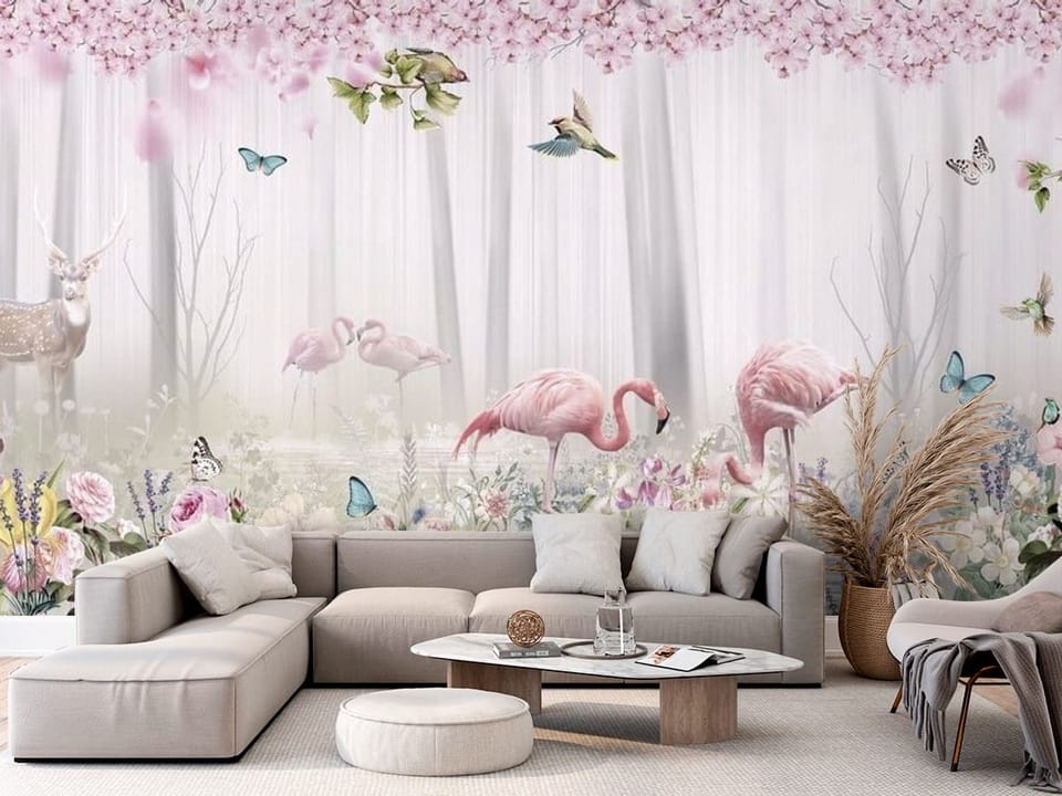Fototapeta z flamingami w wodzie, otoczonymi kwiatami i drzewami. - aranżacja w przytulnym salonie