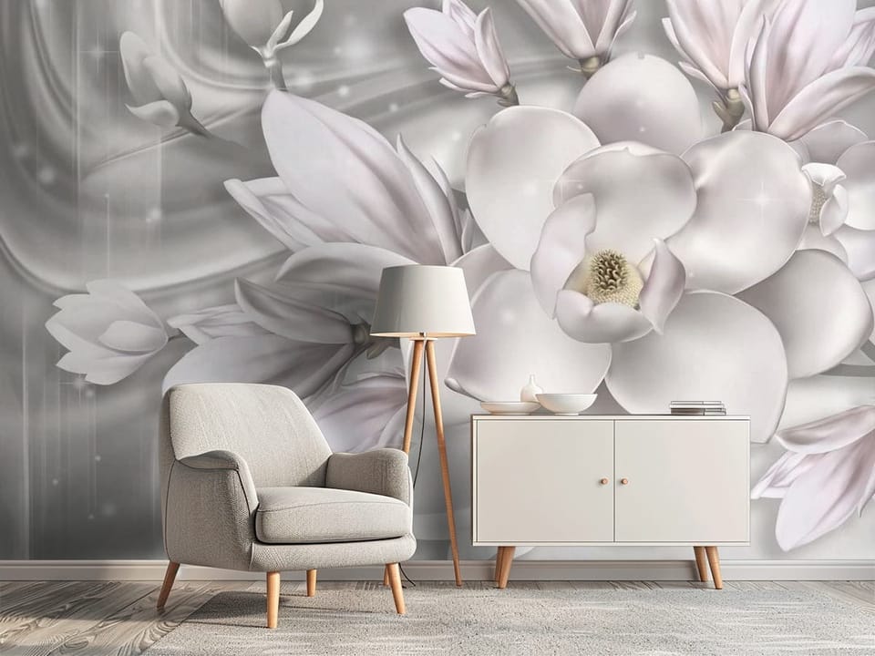 Fototapeta z dużymi białymi kwiatami magnolii na subtelnym tle - elegancki przedpokój z efektowną dekoracją ścienną