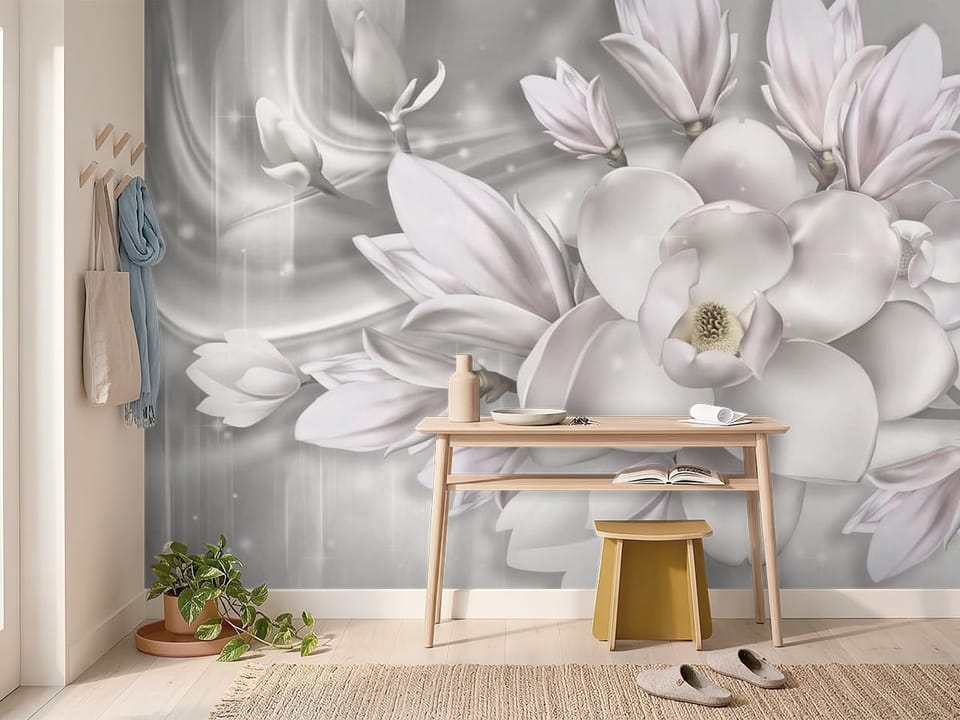 Fototapeta z dużymi białymi kwiatami magnolii na subtelnym tle - inspiracja do przytulnego przedpokoju