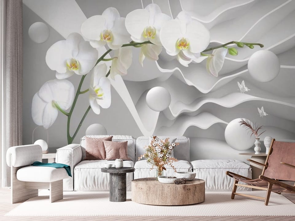 Fototapeta z białymi orchideami na tle falistych kształtów i okrągłych elementów - kompozycja ściany z nowoczesną kanapą w salonie