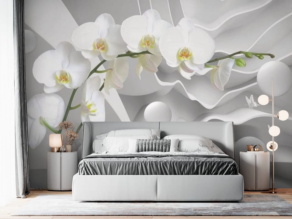 Fototapeta z białymi orchideami na tle falistych kształtów i okrągłych elementów - aranżacja sypialni w szarych kolorach