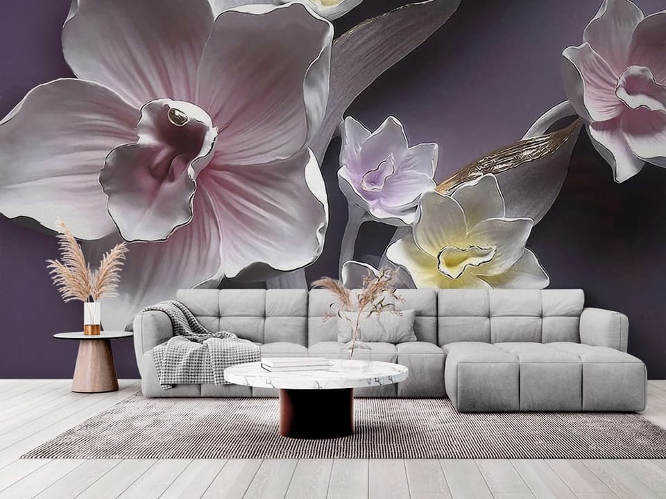 Fototapeta z dużymi kwiatami o delikatnych płatkach na ciemnym tle - elegancki salon w stylu minimalistycznym