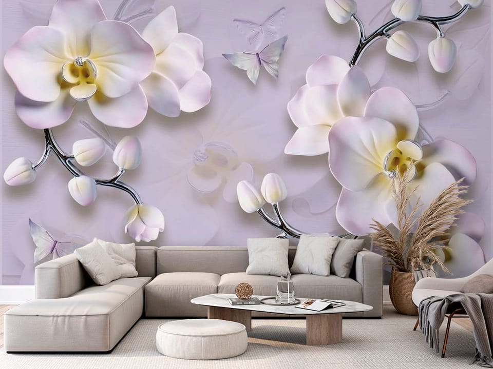 Fototapeta z delikatnymi kwiatami orchidei na jasnym tle z motylami - aranżacja w przytulnym salonie