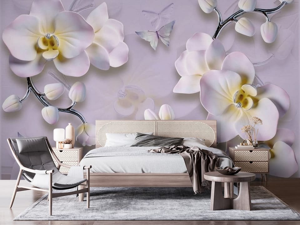 Fototapeta z delikatnymi kwiatami orchidei na jasnym tle z motylami - nowoczesna ściana w nasłonecznionej sypialni