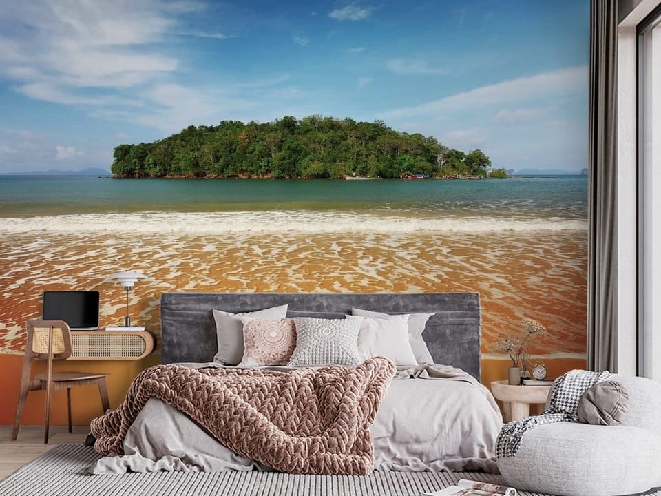 Fototapeta z tropikalną wyspą, plażą i spokojnym morzem - sypialnia w stylu klasycznym z dużym oknem
