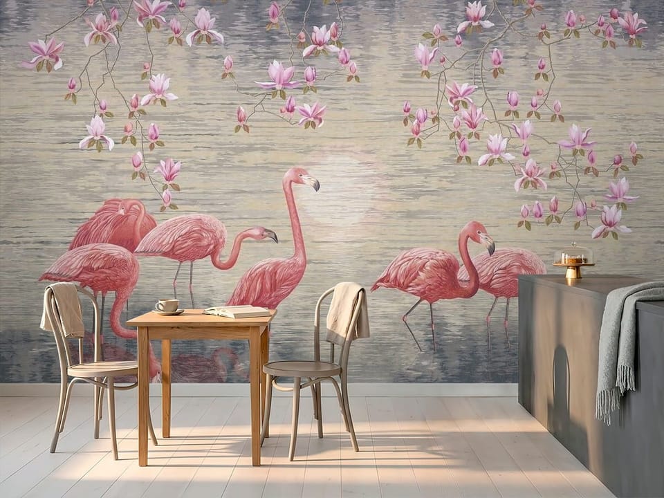 Fototapeta przedstawiająca flamingi w wodzie z gałęziami magnolii - widok na ścianę w minimalistycznej kawiarni