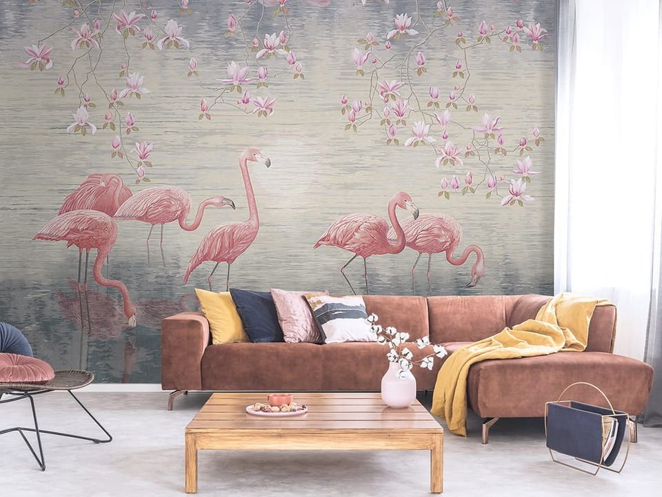 Fototapeta Flamingi w wodzie z magnoliami - aranżacja w salonie