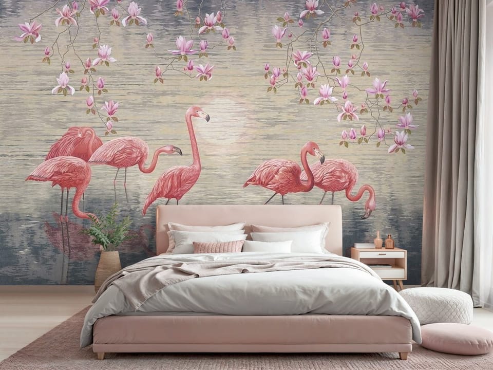 Fototapeta przedstawiająca flamingi w wodzie z gałęziami magnolii - sypialnia w różowych barwach