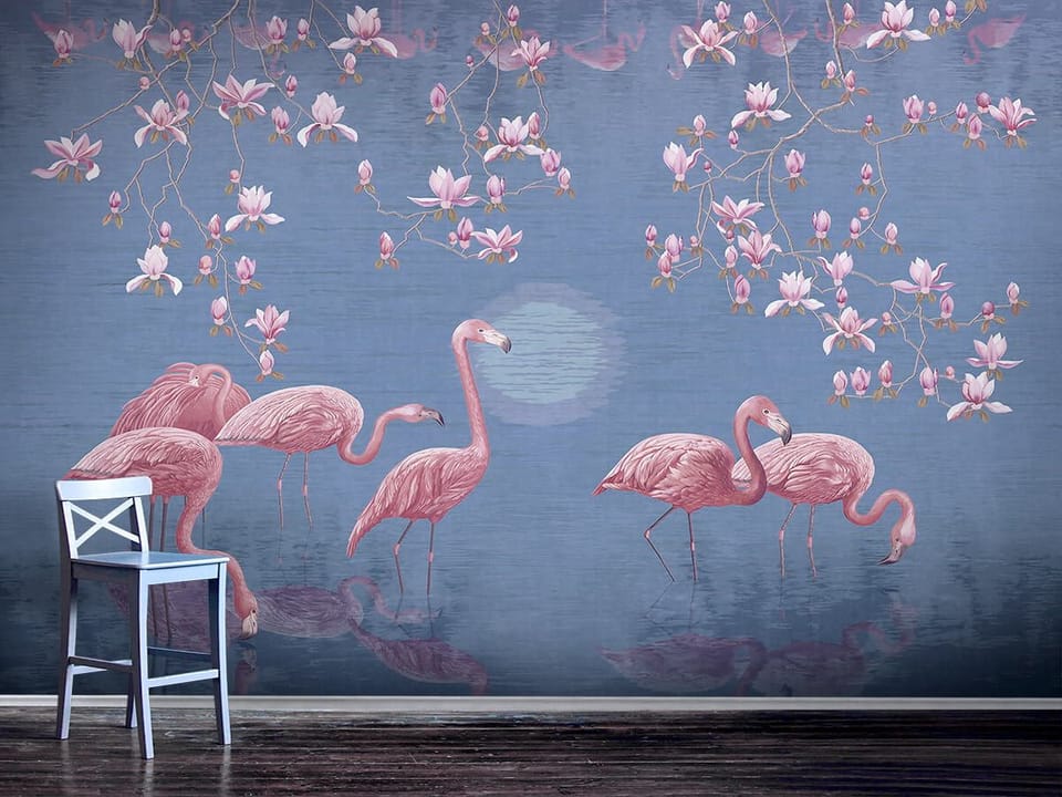 Fototapeta Flamingi wśród kwitnących magnolii - aranżacja w przedpokoju