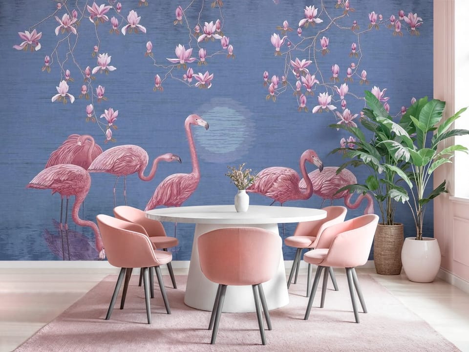 Fototapeta z flamingami na tle kwitnących magnolii i niebieskiego nieba - kuchnia w różowych kolorach