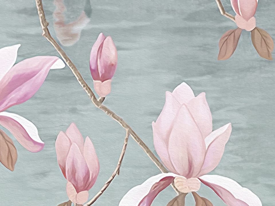 Fototapeta Flamingi w wodzie z magnoliami - jakość wydruku i struktura materiału