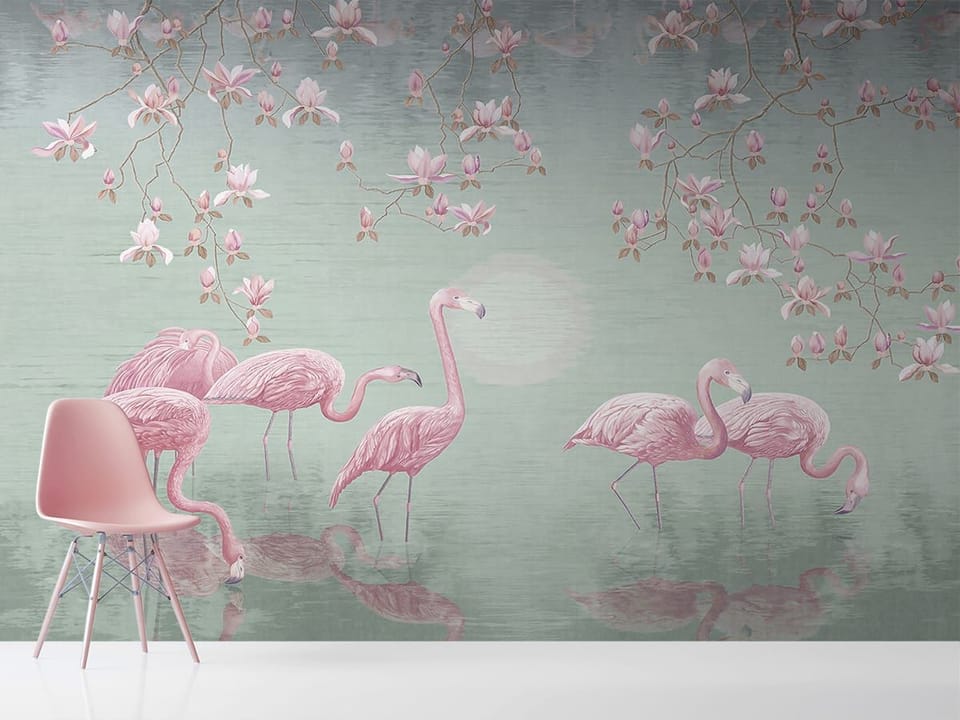 Fototapeta Flamingi w wodzie z magnoliami - aranżacja w przedpokoju