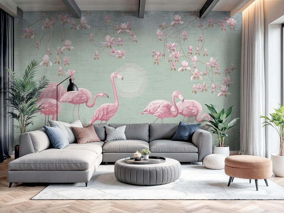 Fototapeta z flamingami stojącymi w wodzie, gałęzie magnolii i jasne niebo - nowoczesny salon z dużą przestrzenią