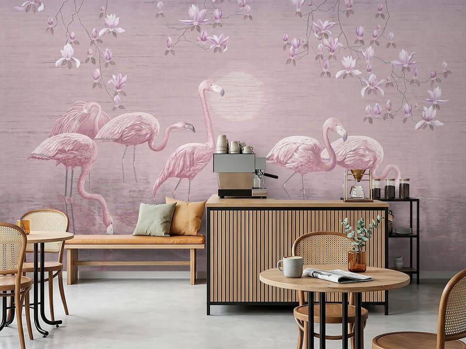 Fototapeta z flamingami stojącymi w wodzie, otoczonymi kwiatami magnolii - inspiracja do nowoczesnej kawiarni