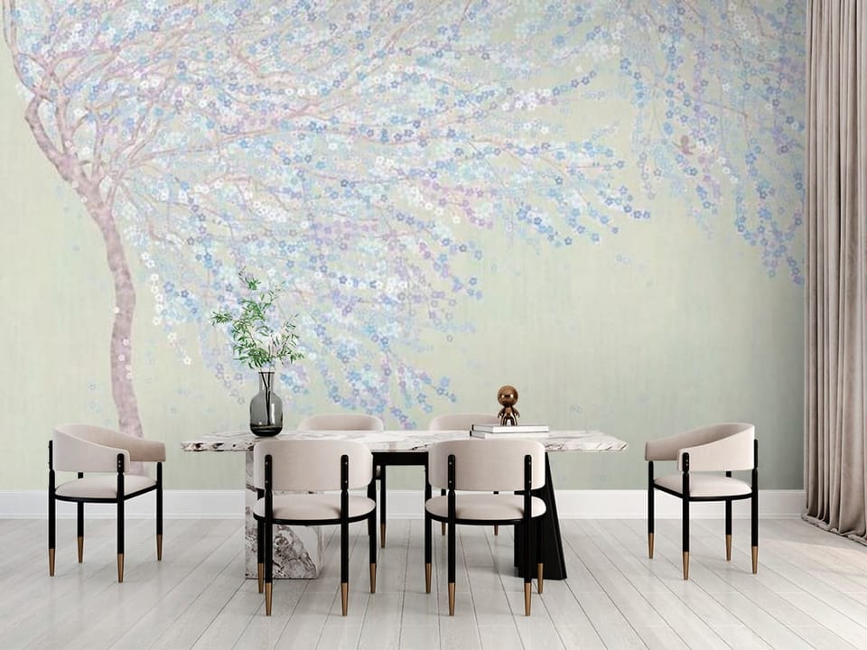 Fototapeta z drzewem sakura i pastelowymi kwiatami na jasnym tle - duża strefa jadalniana w kuchni