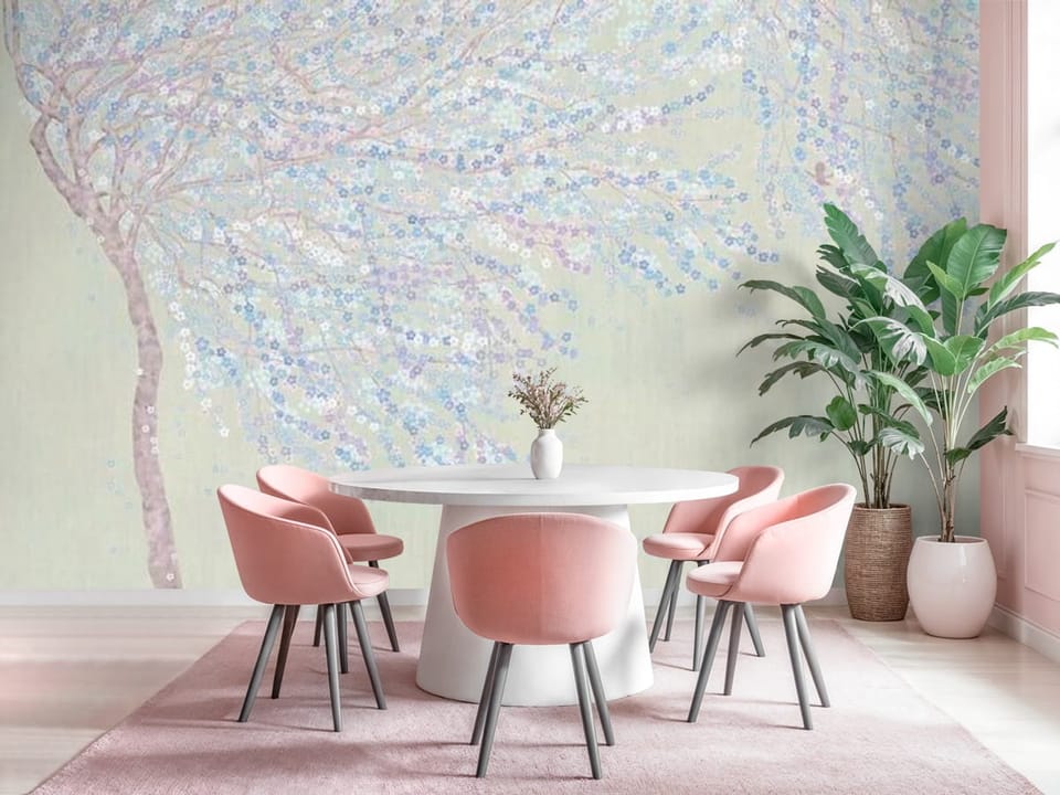Fototapeta z drzewem sakura i pastelowymi kwiatami na jasnym tle - kuchnia w różowych kolorach
