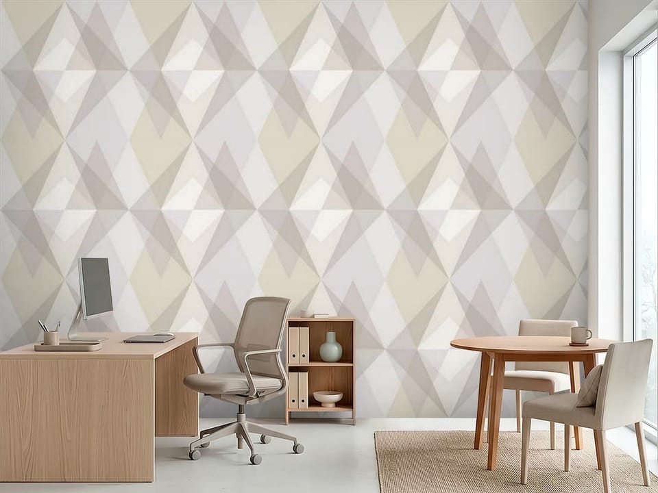 Fototapeta z geometrycznym wzorem rombów i trójkątów, symetryczny układ - inspiracja do biura w jasnych kolorach