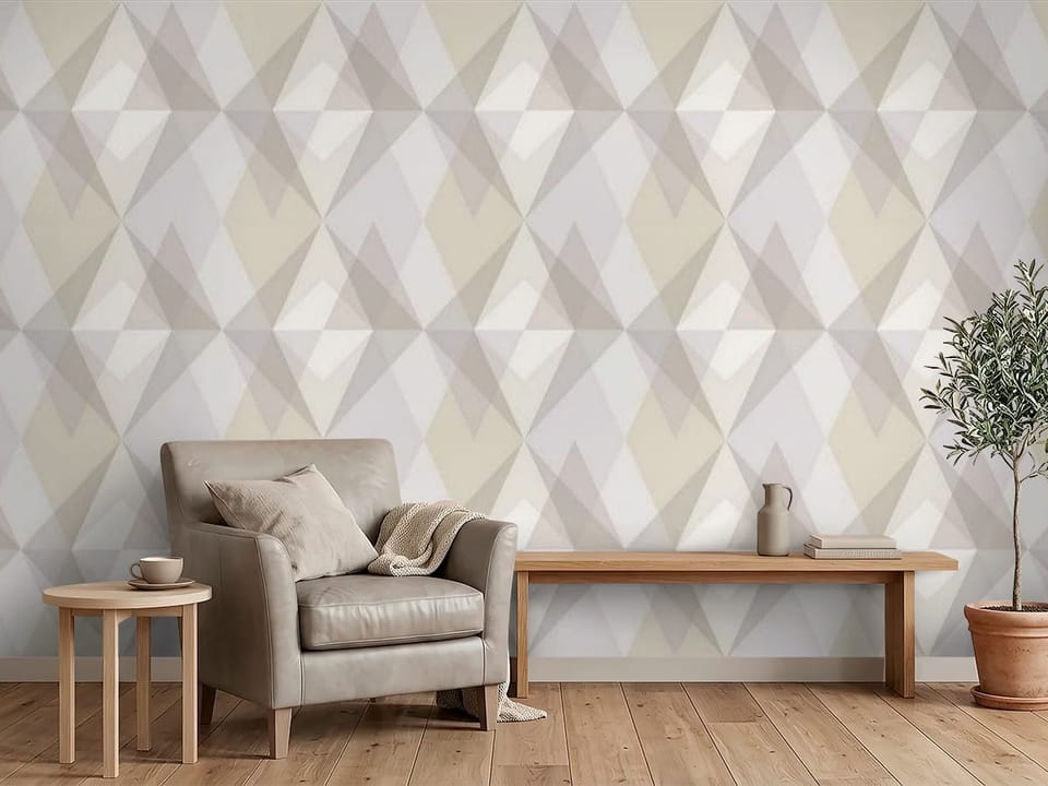 Fototapeta z geometrycznym wzorem rombów i trójkątów, symetryczny układ - przytulny kącik w biurze