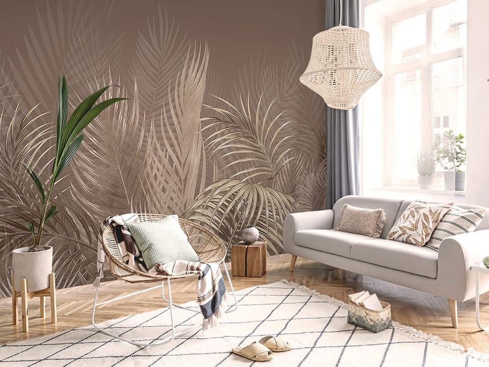 Fototapeta Liście palmowe na brązowym tle - aranżacja w salonie