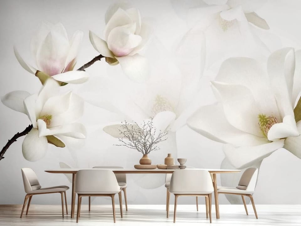 Fototapeta z białymi kwiatami magnolii na gałęzi, jasne tło - strefa jadalniana w nowoczesnej kuchni