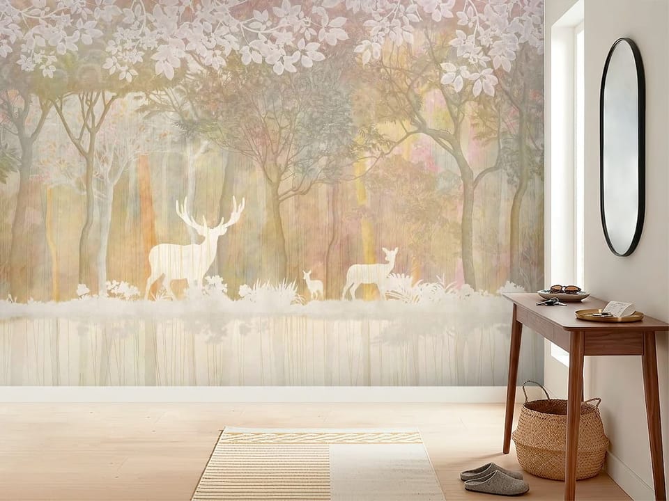 Fototapeta z białymi sylwetkami jeleni w lesie na tle drzew z kwiatami - inspiracji do minimalistycznego przedpokoju